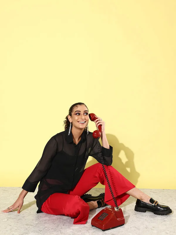 Black_Chiffon_3/4th_Sleeve_Solid_Boxy_Fit_Long_Shirt_For_Women