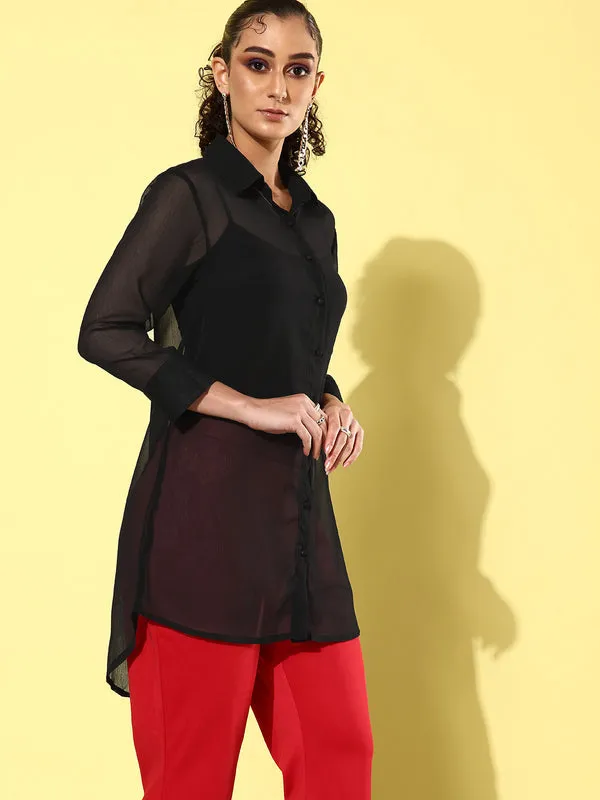 Black_Chiffon_3/4th_Sleeve_Solid_Boxy_Fit_Long_Shirt_For_Women