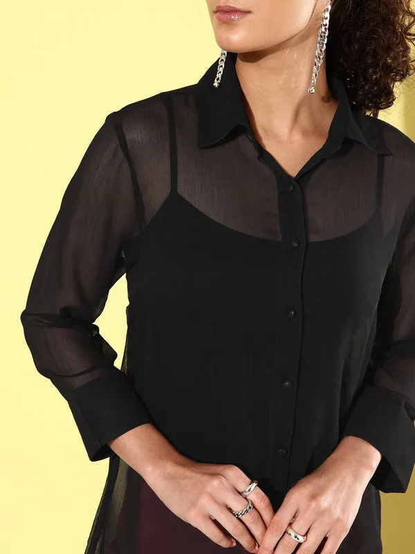 Black_Chiffon_3/4th_Sleeve_Solid_Boxy_Fit_Long_Shirt_For_Women