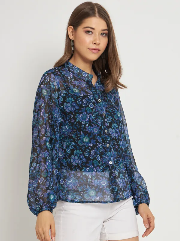 Blue_Chiffon_Full_Sleeve_Floral_Print_Tailored_Fit_Hip_Length_Shirt_For_Women