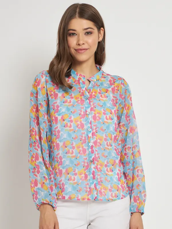 Blue_Chiffon_Full_Sleeve_Printed_Tailored_Fit_Hip_Length_Shirt_For_Women