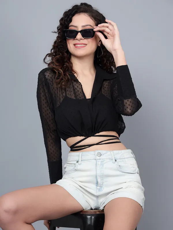 Black_Chiffon_Full_Sleeve_Self_Design_Regular_Fit_Crop_Shirt_For_Women