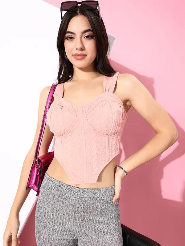 Pink_Polyester_Party_Solid_Sweetheart_Neck_Slim_Fit_Top_For_Women