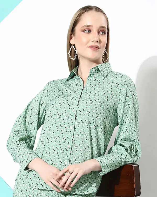Green_Crepe_Casual_Printed_Collared_Regular_Fit_Top_For_Women