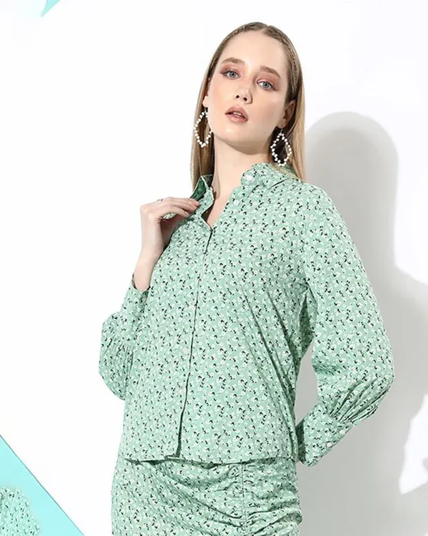 Green_Crepe_Casual_Printed_Collared_Regular_Fit_Top_For_Women