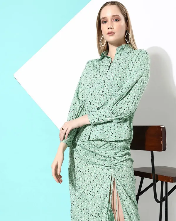 Green_Crepe_Casual_Printed_Collared_Regular_Fit_Top_For_Women