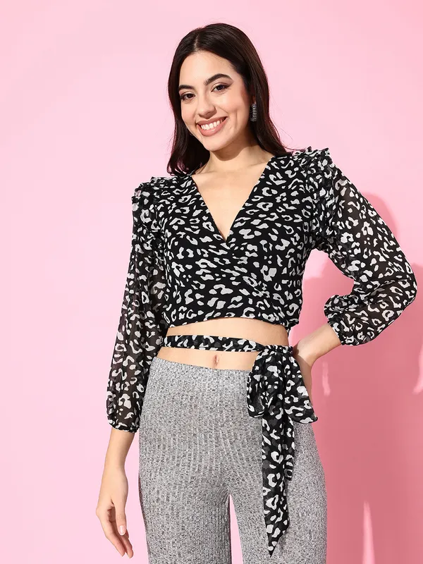Black_&_Grey_Chiffon_Casual_Printed_V-Neck_Regular_Fit_Top_For_Women
