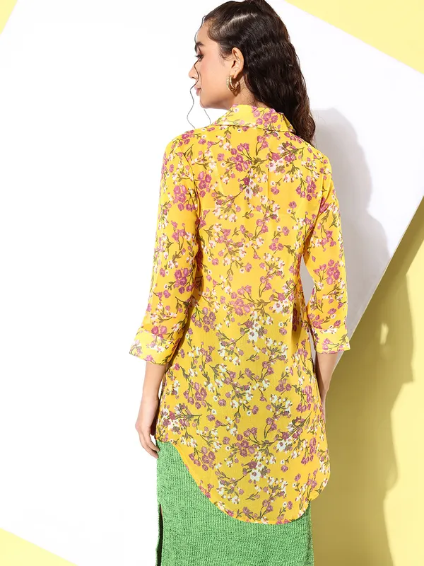 Yellow_Georgette_3/4th_Sleeve_Floral_Print_Tailored_Fit_Long_Shirt_For_Women