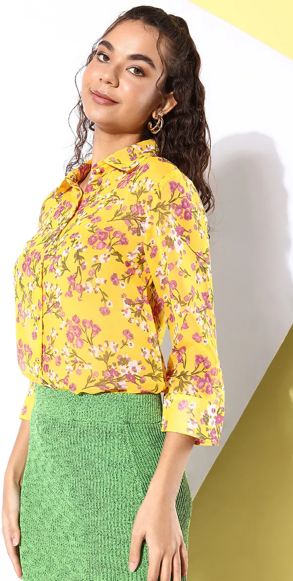 Yellow_Georgette_3/4th_Sleeve_Floral_Print_Tailored_Fit_Long_Shirt_For_Women