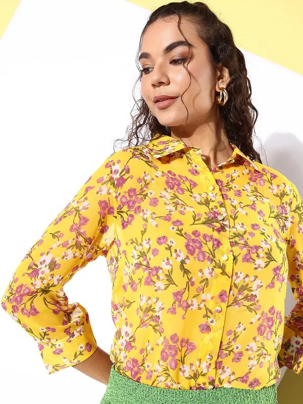Yellow_Georgette_3/4th_Sleeve_Floral_Print_Tailored_Fit_Long_Shirt_For_Women