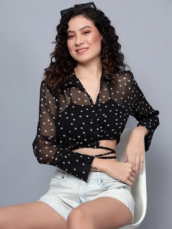 Black_Georgette_Full_Sleeve_Polka_Print_Regular_Fit_Crop_Shirt_For_Women