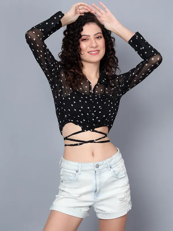 Black_Georgette_Full_Sleeve_Polka_Print_Regular_Fit_Crop_Shirt_For_Women