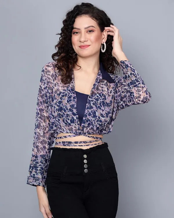 Dark_Blue_&_Orange_Chiffon__Embellished_Regular_Fit_Crop_Shirt_With_Full_Sleeve_For_Women.