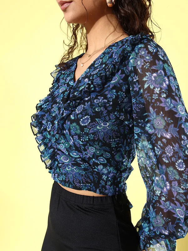 Black_&_Blue_Chiffon_Casual_Printed_V-Neck_Regular_Fit_Top_For_Women