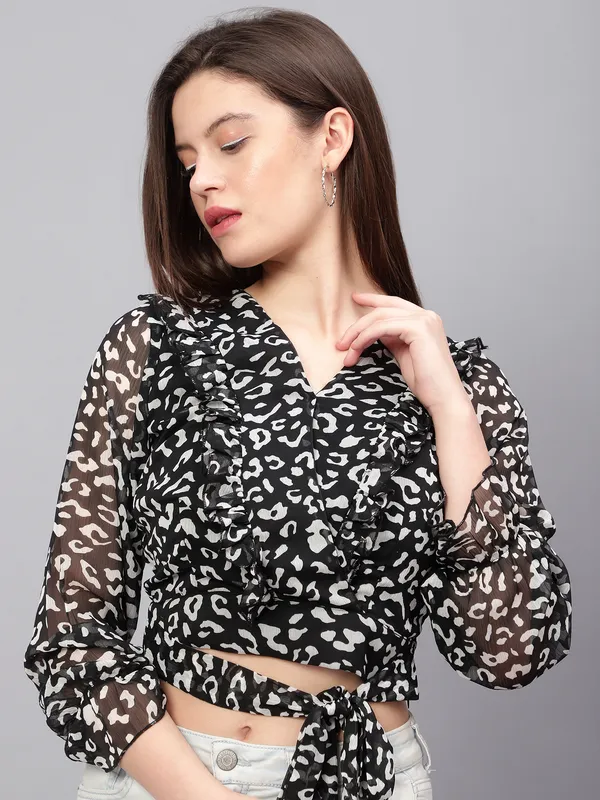 Printed_White_&_Black_V-Neck_Regular_Fit_Top___For_Women.(Chiffon)