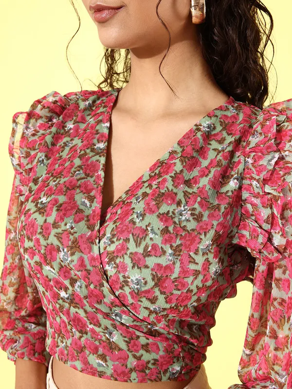 Red_&_Green_&_Grey_Chiffon_Casual_Printed_V-Neck_Regular_Fit_Top_For_Women