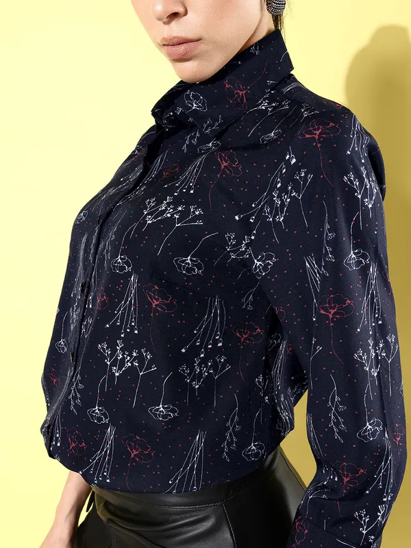 Blue_Crepe_3/4th_Sleeve_Self_Design_Regular_Fit_Long_Shirt_For_Women