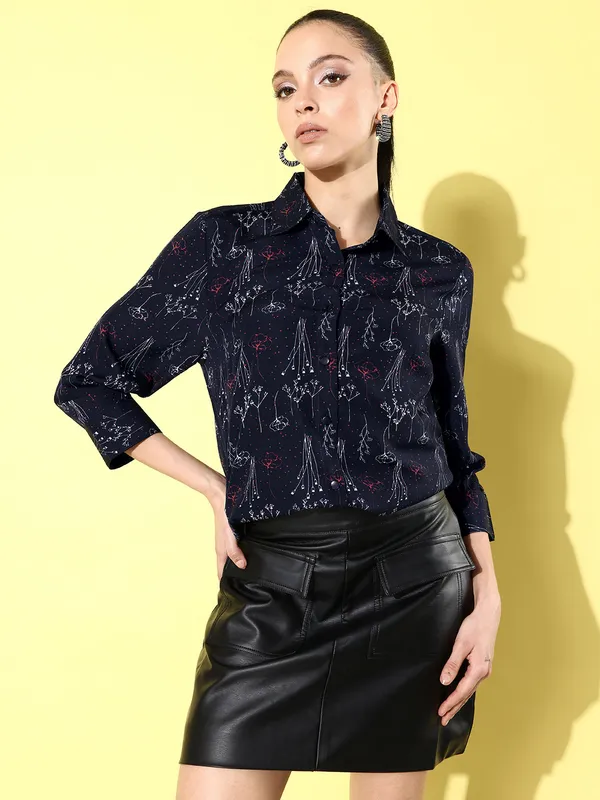 Blue_Crepe_3/4th_Sleeve_Self_Design_Regular_Fit_Long_Shirt_For_Women
