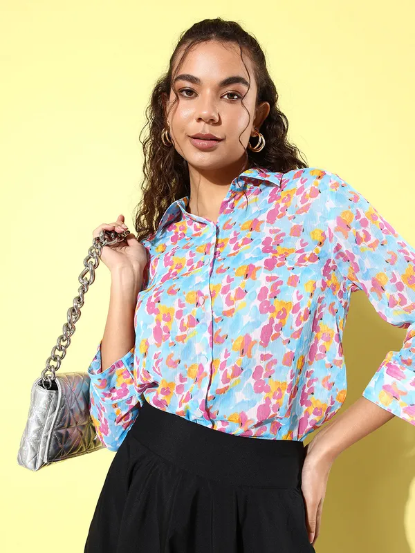 Blue_Chiffon_3/4th_Sleeve_Self_Design_Regular_Fit_Long_Shirt_For_Women