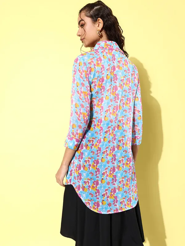 Blue_Chiffon_3/4th_Sleeve_Self_Design_Regular_Fit_Long_Shirt_For_Women