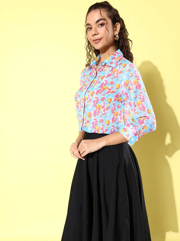 Blue_Chiffon_3/4th_Sleeve_Self_Design_Regular_Fit_Long_Shirt_For_Women