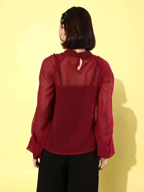 Maroon_Georgette_Casual_Solid_High_Neck_Regular_Fit_Top_For_Women