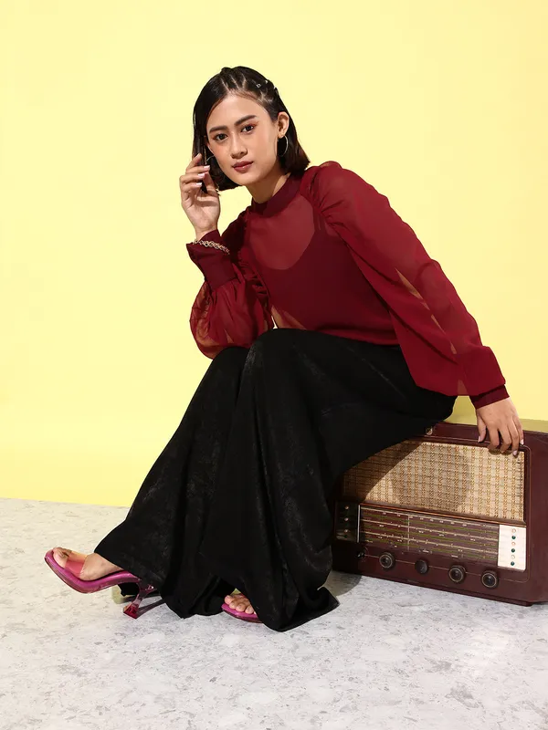 Maroon_Georgette_Casual_Solid_High_Neck_Regular_Fit_Top_For_Women