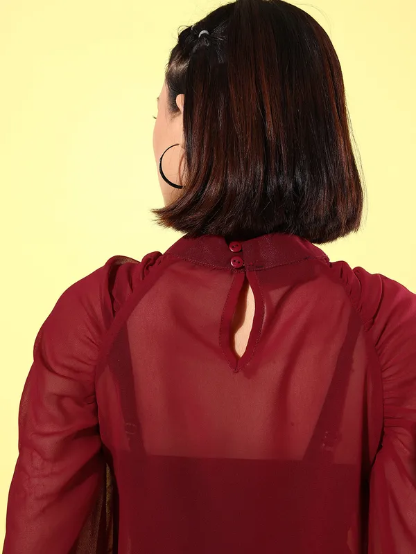 Maroon_Georgette_Casual_Solid_High_Neck_Regular_Fit_Top_For_Women