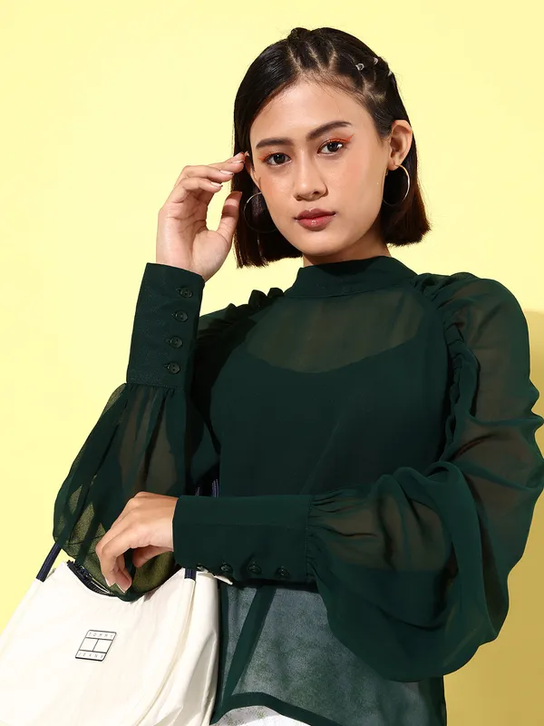 Green_Georgette_Casual_Solid_High_Neck_Regular_Fit_Top_For_Women