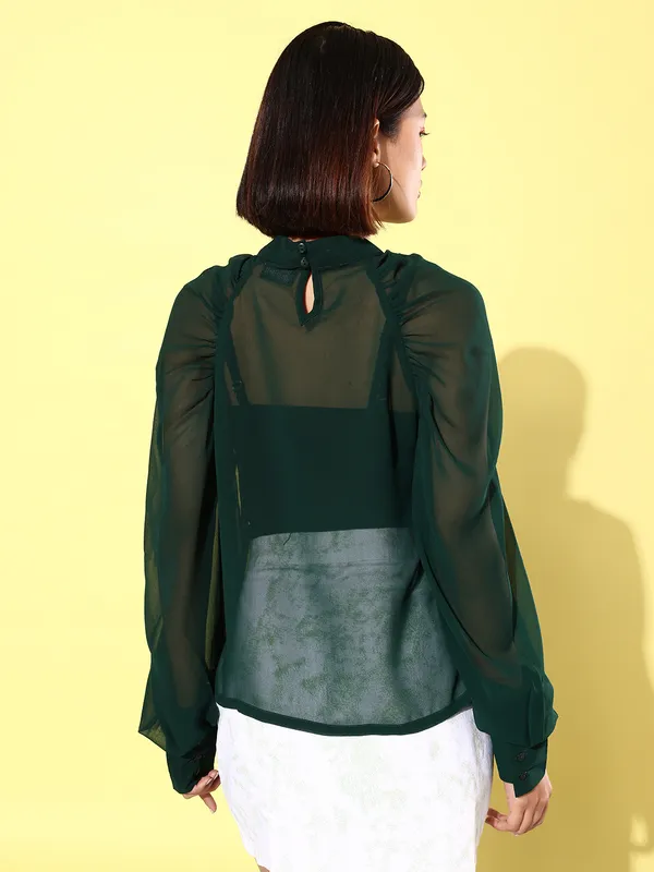 Green_Georgette_Casual_Solid_High_Neck_Regular_Fit_Top_For_Women