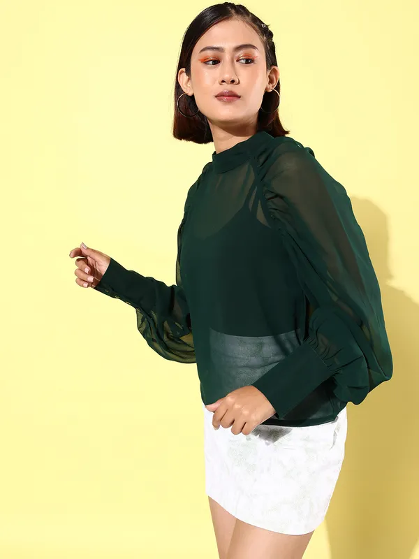 Green_Georgette_Casual_Solid_High_Neck_Regular_Fit_Top_For_Women