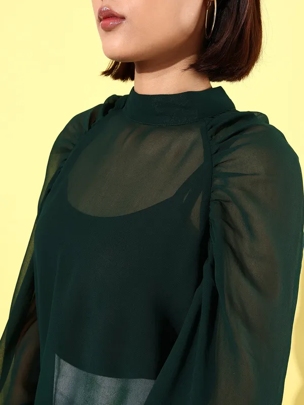 Green_Georgette_Casual_Solid_High_Neck_Regular_Fit_Top_For_Women