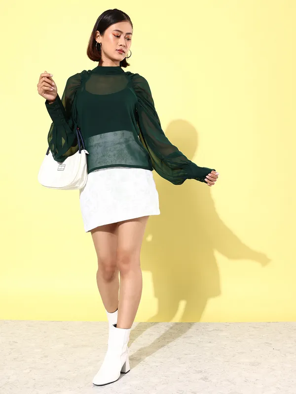 Green_Georgette_Casual_Solid_High_Neck_Regular_Fit_Top_For_Women