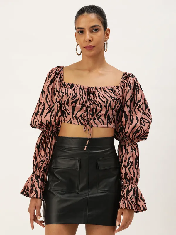 Pink_Crepe_Casual_Animal_Print_Square_Neck_Slim_Fit_Top_For_Women