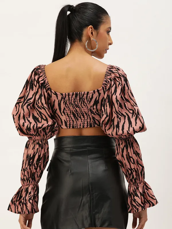 Pink_Crepe_Casual_Animal_Print_Square_Neck_Slim_Fit_Top_For_Women