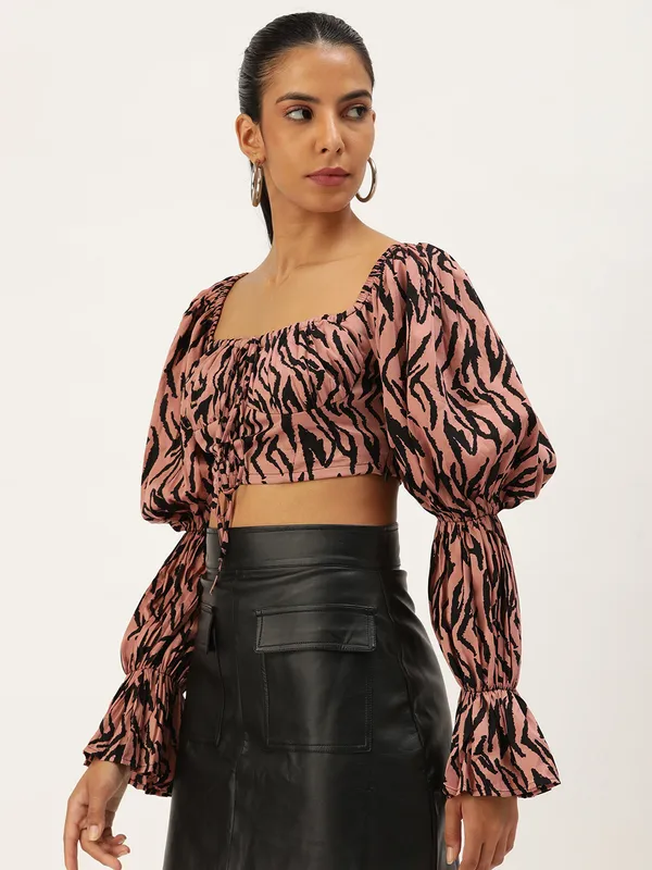 Pink_Crepe_Casual_Animal_Print_Square_Neck_Slim_Fit_Top_For_Women
