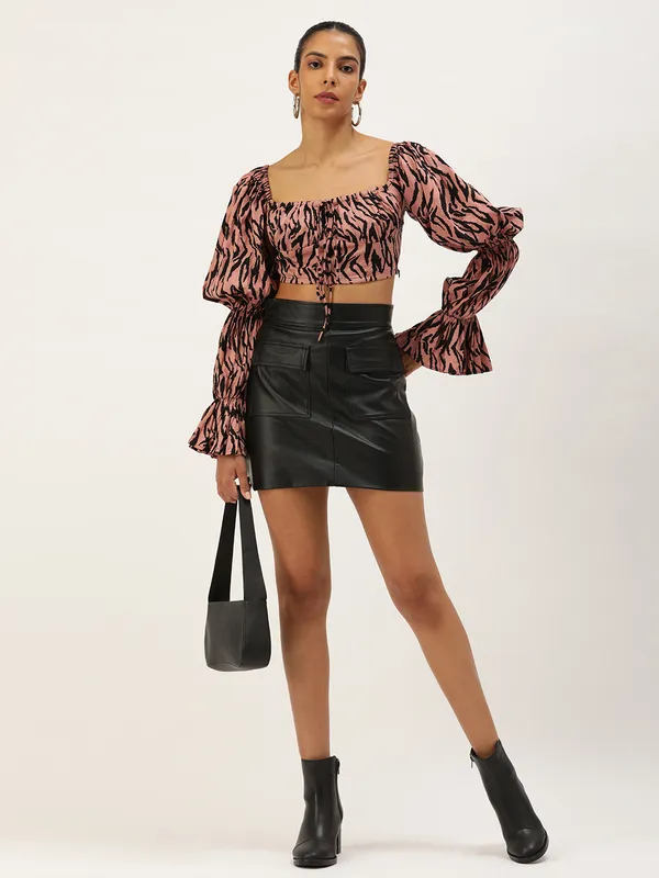 Pink_Crepe_Casual_Animal_Print_Square_Neck_Slim_Fit_Top_For_Women