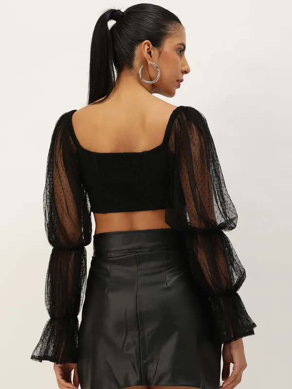 Black_Net_Party_Self_Design_Square_Neck_Slim_Fit_Top_For_Women