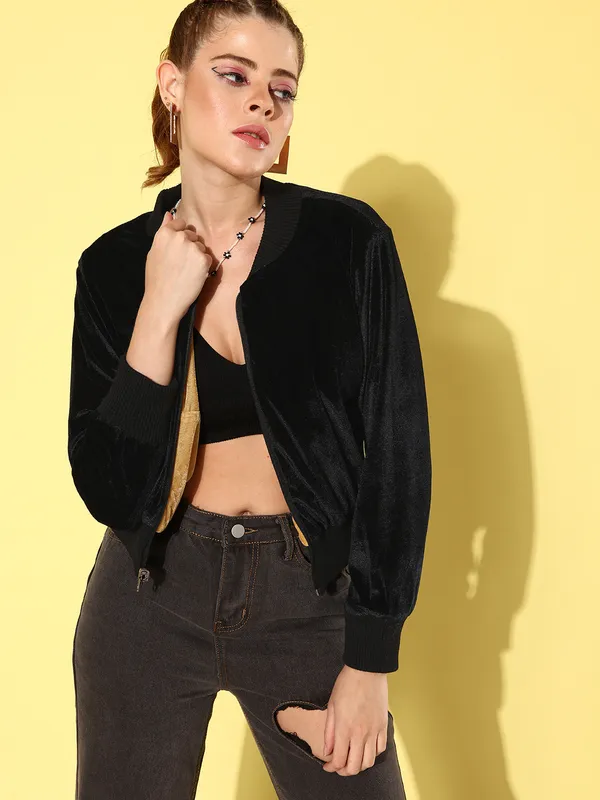 Yellow_Velvet_Full_Sleeve_Solid_Casual_Jacket_For_Women