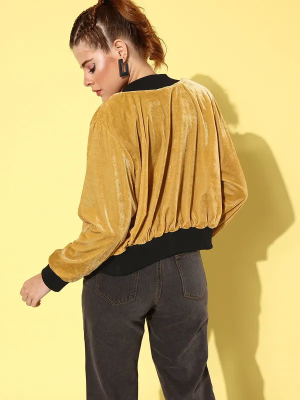 Yellow_Velvet_Full_Sleeve_Solid_Casual_Jacket_For_Women