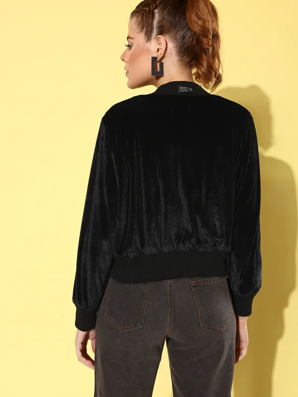 Yellow_Velvet_Full_Sleeve_Solid_Casual_Jacket_For_Women