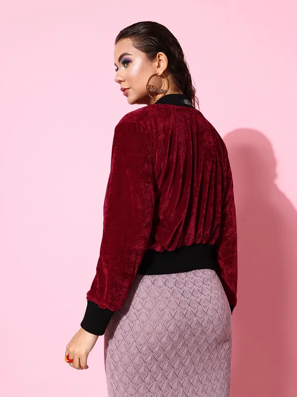 Maroon_Velvet_Full_Sleeve_Solid_Casual_Jacket_For_Women
