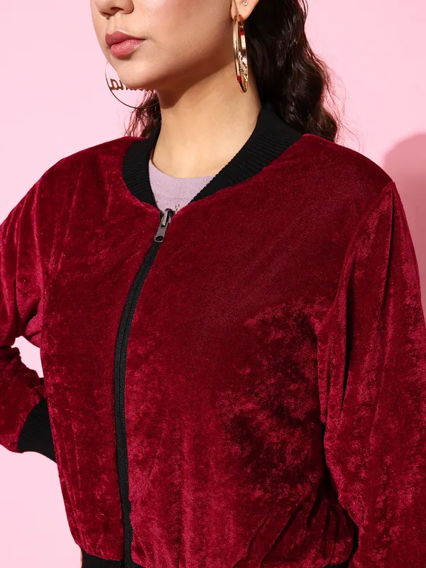 Maroon_Velvet_Full_Sleeve_Solid_Casual_Jacket_For_Women