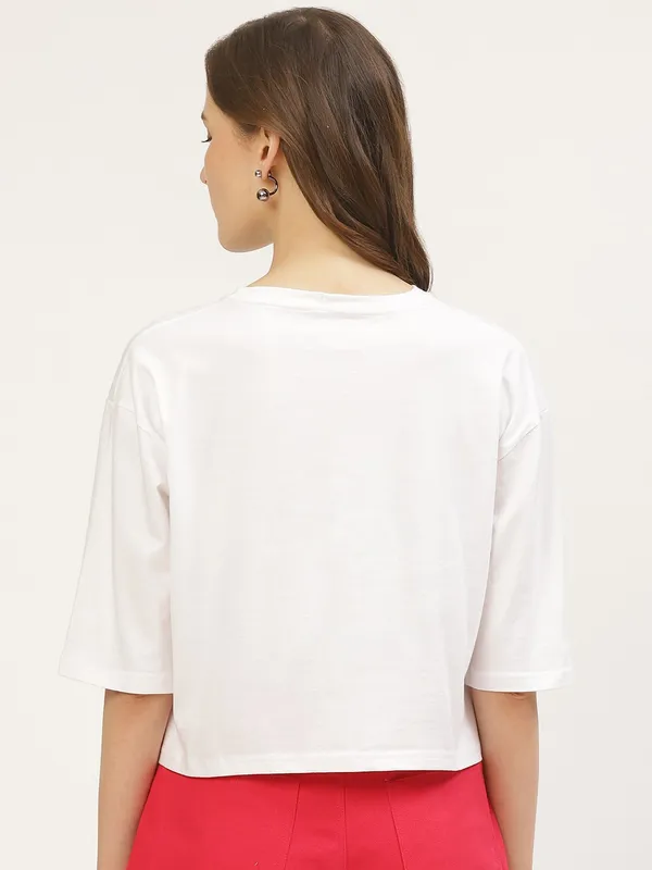 White_Pure_Cotton_Printed_Loose_Fit_3/4_Sleeve_T-Shirt_For_Women
