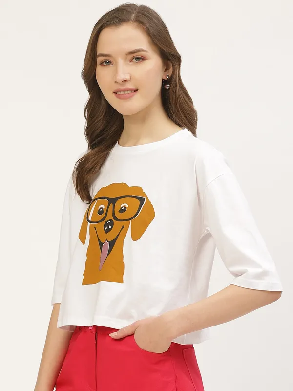 White_Pure_Cotton_Printed_Loose_Fit_3/4_Sleeve_T-Shirt_For_Women