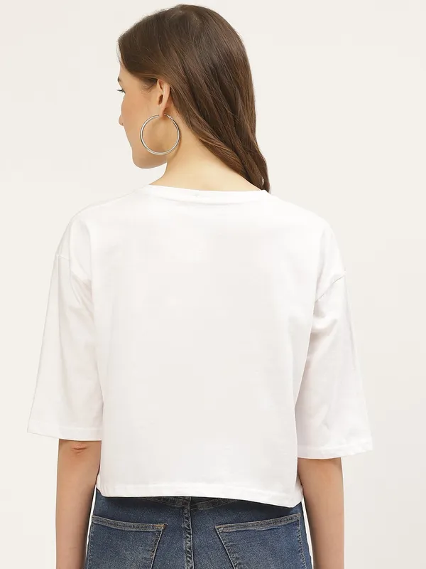 White_Pure_Cotton_Printed_Loose_Fit_3/4_Sleeve_T-Shirt_For_Women