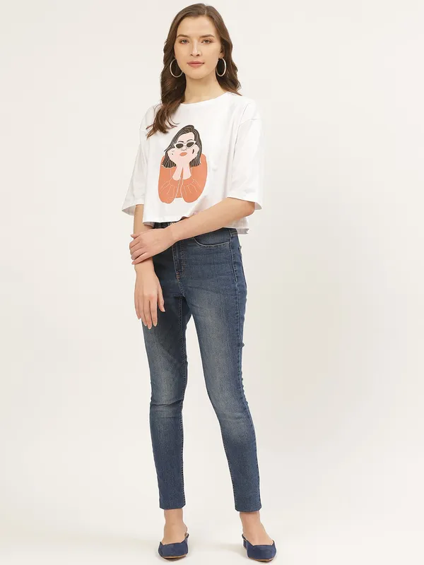 White_Pure_Cotton_Printed_Loose_Fit_3/4_Sleeve_T-Shirt_For_Women