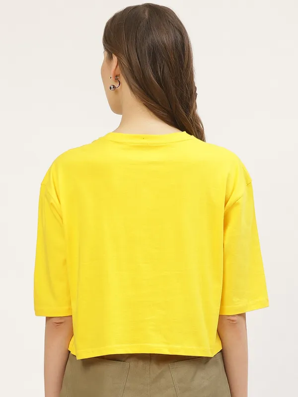 Yellow_Pure_Cotton_Printed_Loose_Fit_3/4_Sleeve_T-Shirt_For_Women