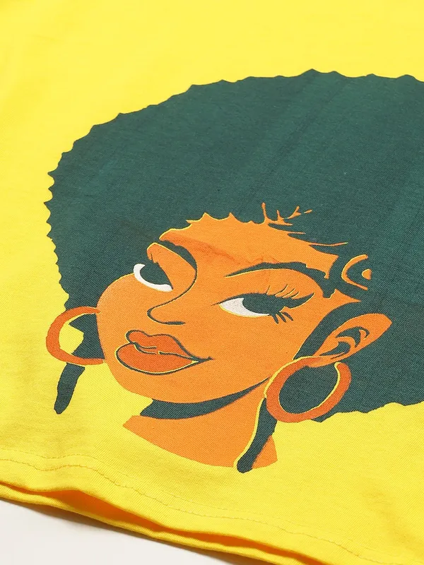 Yellow_Pure_Cotton_Printed_Loose_Fit_3/4_Sleeve_T-Shirt_For_Women