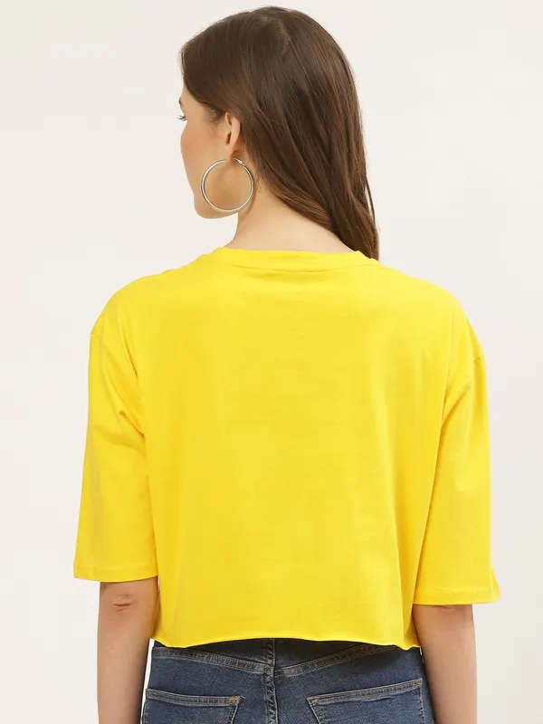 Yellow_Pure_Cotton_Self_Design_Boxy_Fit_3/4_Sleeve_T-Shirt_For_Women
